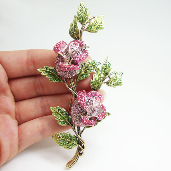 Pink Flower Rose Woman Brooch Pin Rhinestone Crystal Gold-Tone