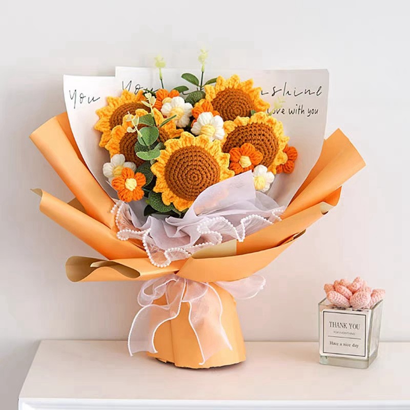 Ramo de ganchillo, ramo de flores para graduación, flor Artificial tejida, de boda, girasol acabado, graduación, de regreso a la escuela