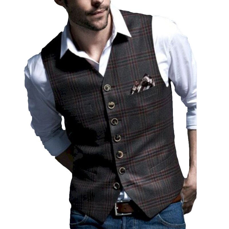 Herre jakkesæt veste kaffe herre tøj bryllup tweed business vest jakke afslappet slim fit gilet homme vest til frisører bryllup