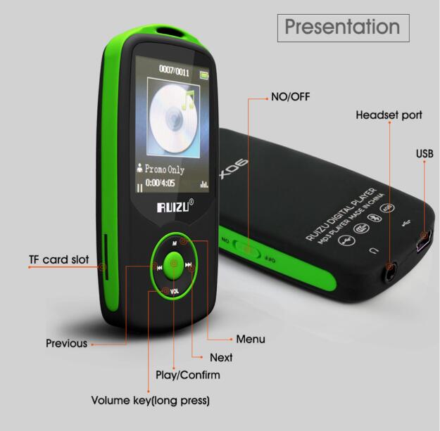 RUIZU X06 sans fil Bluetooth Sport MP3 lecteur de musique sans perte 8GB 1.8 "peut jouer 100 heures enregistreur FM Ebook Support 64GB TF carte