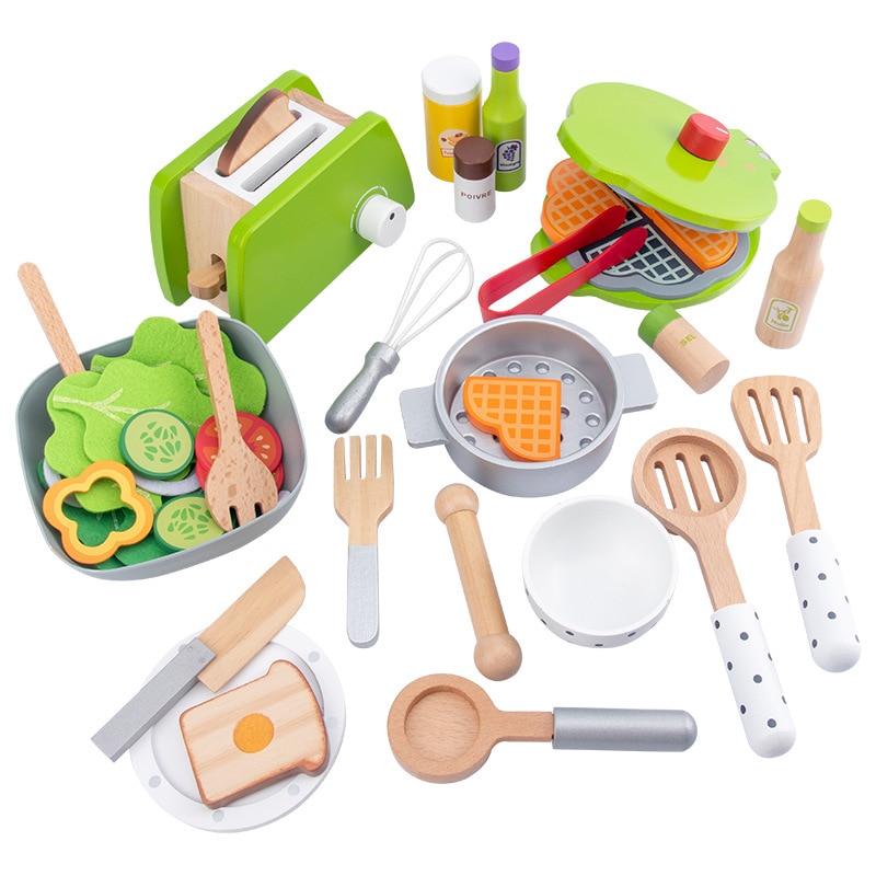 Kids Wooden Pretend Play Sets Simulation Toasters Bread Maker Coffee Machine Blender Baking Kit Game Mixer Kitchen Role Toy