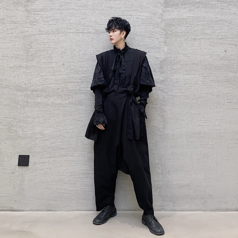 Japão homem moda feminina preto escuro streetstyle hip hop gótico tornozelo comprimento calças roupas de palco masculino solto casual harem bib pant