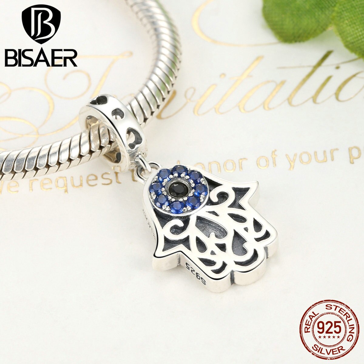 Bisaer 925 Sterling Silver Blue Evil Eye Charms Fatima Hamsa Hand Hanger Charms Fit Originele Armbanden & Bangles Sieraden ECC085