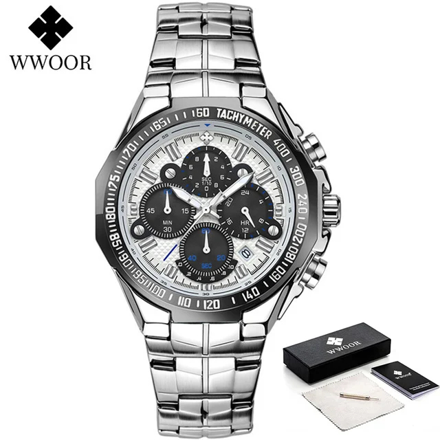2024 WWOOR herren Uhr Top Luxus Schwarz Armbanduhr Sport Chronograph Stahl Quarz Männer Uhren Relogio Masculino: Kaffee