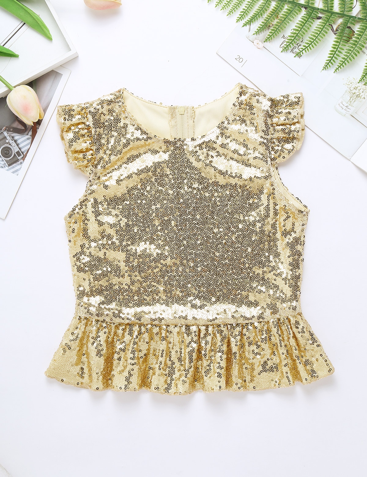 Hauts en prune pour filles, Costume sirène, avec paillettes scintillantes à manches courtes, hauts de fête d'anniversaire carnaval, Costume de Jazz et de danse