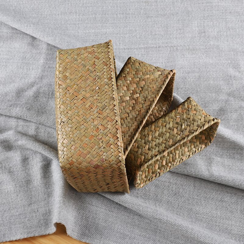 Cajas de almacenamiento tejidas a mano, cestas rectangulares de paja para almacenamiento de artículos cosméticos, juguetes, cesta, contenedor, organización del baño para el hogar