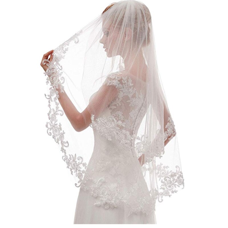 Belle dentelle côté incrusté fleurs mariage mariée voile une couche de gaze blanche doux net insérer peigne diadème mariée châle court voile