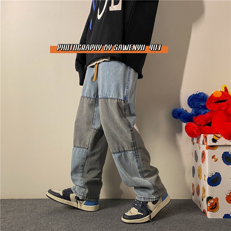 Jean Patchwork en Denim pour homme, pantalon noir et bleu, coupe décontractée, style Hip Hop, Baggy, droit, ample