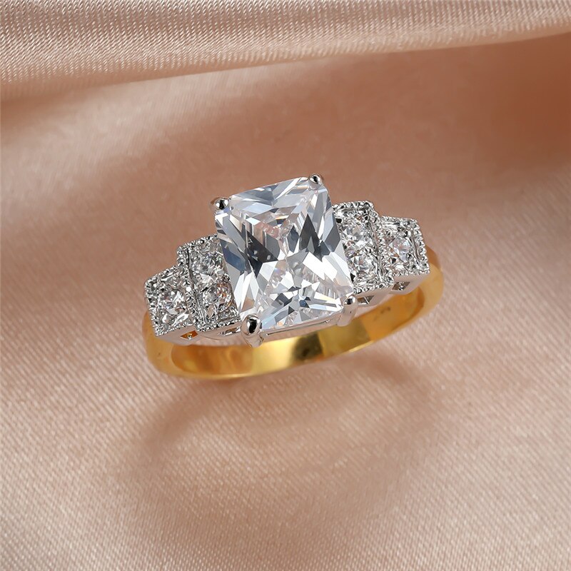 Luxus Weibliche Weiß Kristall Stein Ring Gelb Gold Farbe Hochzeit Ringe Für Frauen Charme Quadrat Engagement Ring