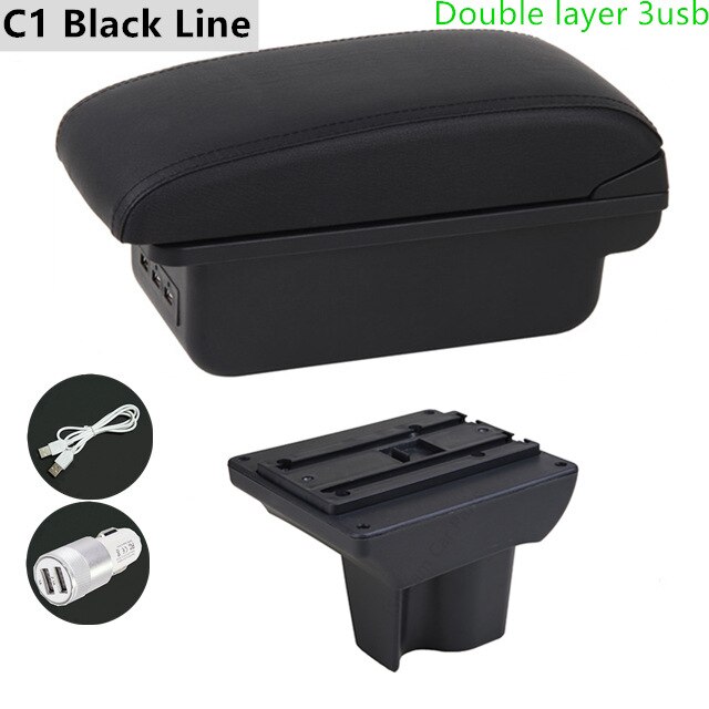 Auto Armleuning Box voor Toyota Rush - ABS Leer Opbergunit met USB & LED - Interieur Accessoire: C1 Zwarte Lijn