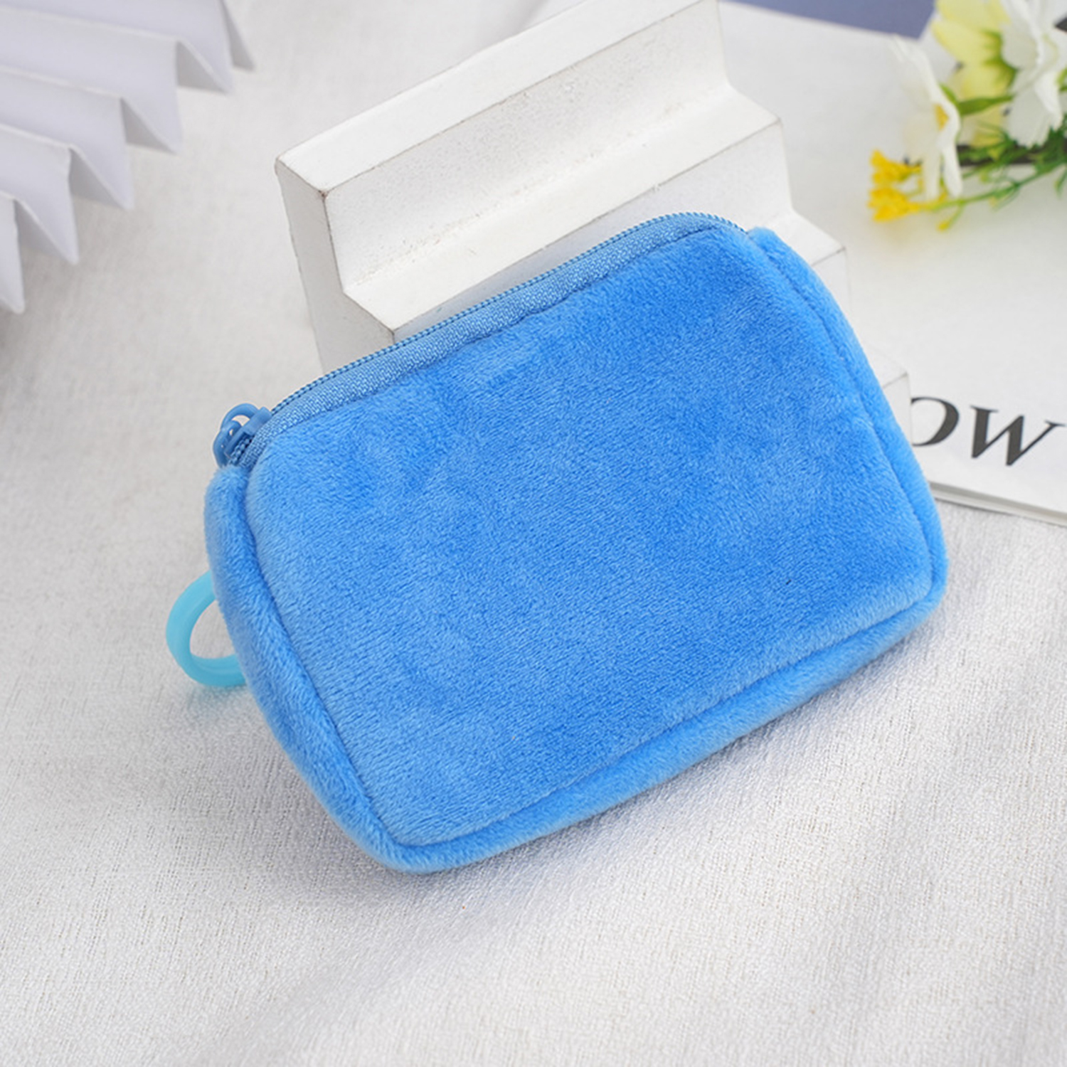 Solid Color Plush Coin Purses Mini Coin Wallet Storage Bag Card Holder Credit ID Wallet Pocket Women Girls Female Coin Purse Zip: Blue