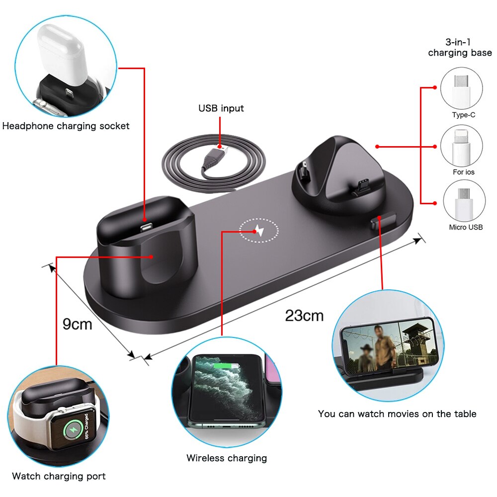 6 in 1 Wireless Charger For Apple Watch 6 5 4 3 iPhone 12 11 X XS XR 8 Airpods Pro Samsung Xiaomi 10W Qi Fast Charging Stand