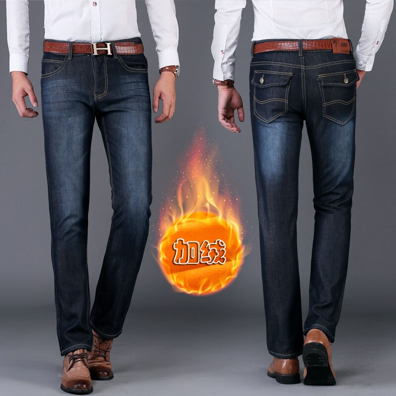 Mærke herre vinterstræk tykkere jeans varm fleece denim biker jean bukser størrelse 28-38: 30