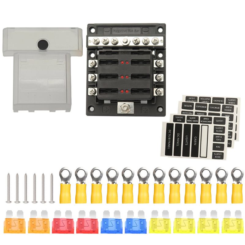 6-way Fuse Holder with LED Indicator Light and Negative Busbar Fuse Box for 12/24V Car RV Boat Auto Modified Accessories