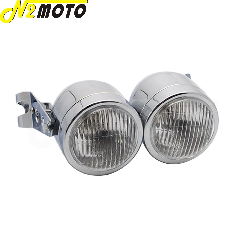 Chrome Amber Motorcycle Retro Twin Headlight Holder Fork Double Dual Head Lamp For Harley Dyna Bobber Chopper Cafe Racer Custom: C chrome clear