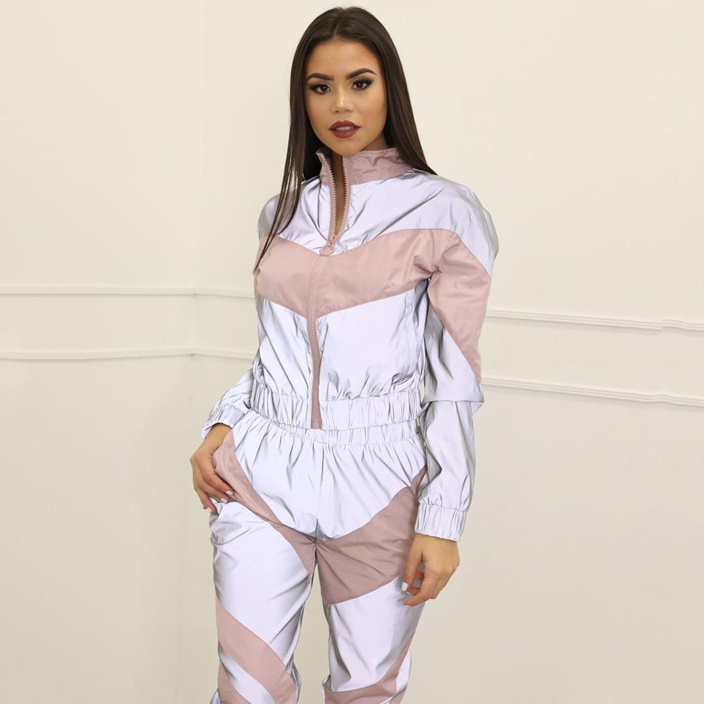 autumn and winter European and American women's stitching reflective sports leisure suit two-piece: Pink / M