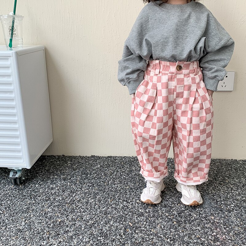 2022 Lente Koreaanse Stijl Unisex Kinderen Plaid Broek Losse Casual Peuters Kinderen Broek: Roze / 6T