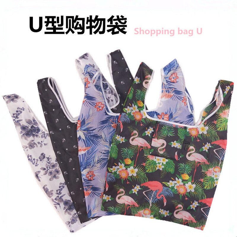 Foldable Shopping Bag Tote Pouch Portable Reusable Grocery Storage Eco Bag Cactus Flamingo Dots