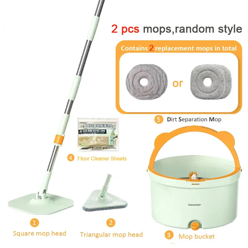 Trapeador giratorio con juego de cubo con 4 almohadillas de fregona reemplazables 360 ° Herramienta de fregonas de limpieza para el hogar, suelo perezoso de microfibra giratoria: Azul