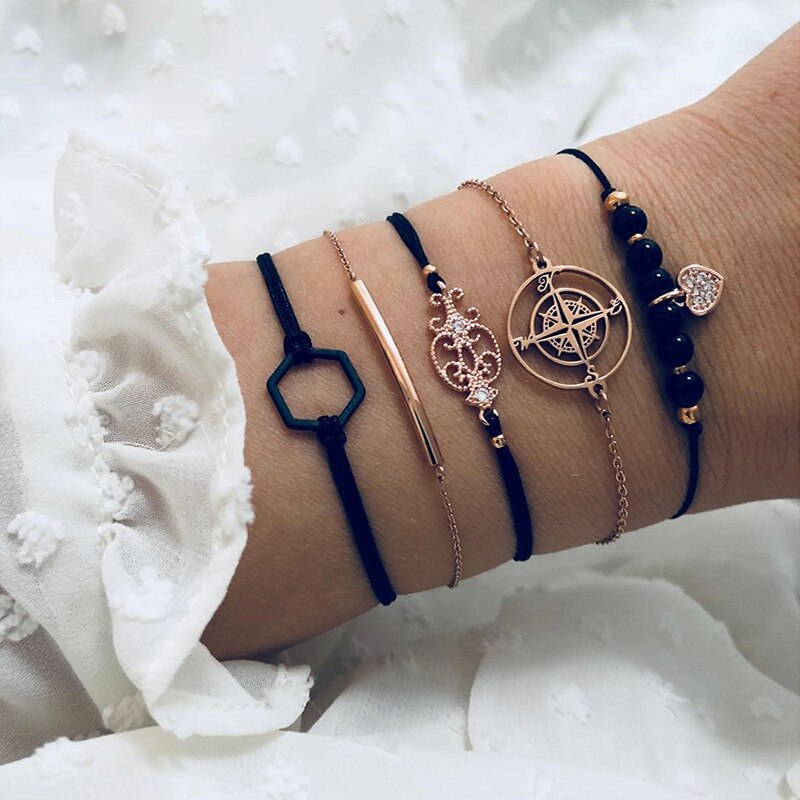 4 unids/set Bohemia Vintage pulseras para las mujeres de la joyería de Boho granos geométricos de la mano de la cadena encanto pulsera brazaletes conjunto Набор