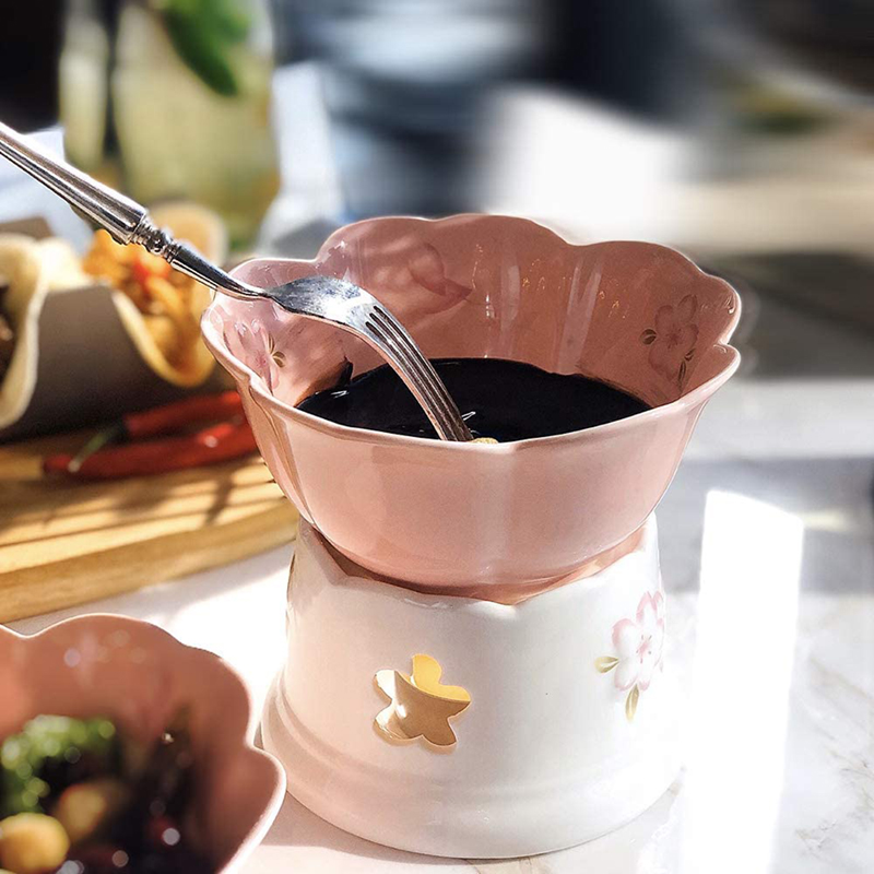 Kitchen Fondue Pot Set,Glazed Ceramic Fondue Pot for Cheese or Chocolate,Tapas,Butter Warmer Set.200 Ml.