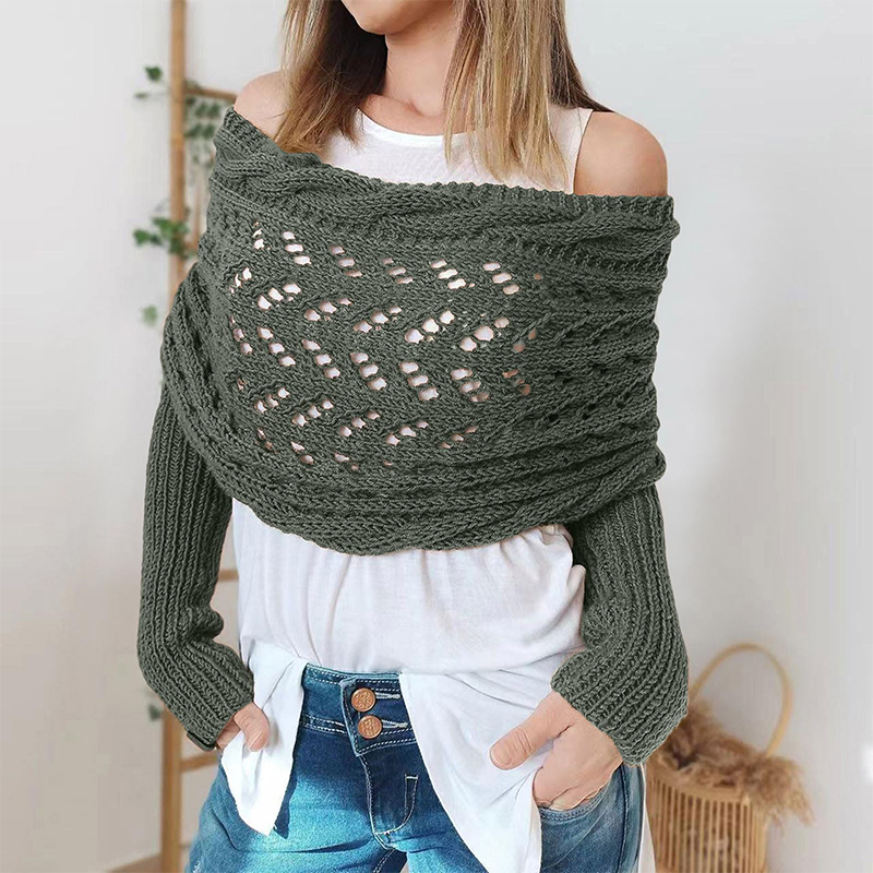 trenzado, envoltura de manga con mangas, Color sólido, patrón de ganchillo con giro hueco, chal para mujer, bufanda, suéter de estilo bohemio: Verde militar