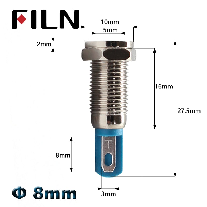 FILN 8mm 12v led chrome metal indicator light red green blue white yellow led metal pilot lamp car warning signal light