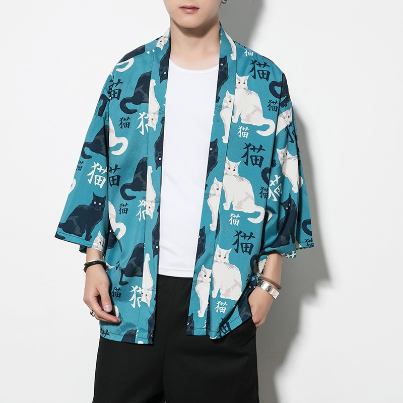 5XL Men Summer Japanese Cat Printed Cartoon Kimono Cardigan Thin Section Surplices Sunscreen Clothes Jackets Tops Coats: Blue / 5XL