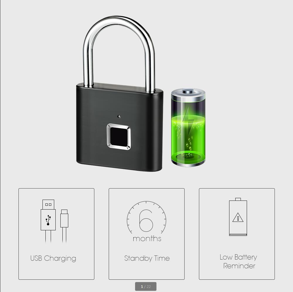 Nøglefri usb genopladelig dørlås fingeraftryk smart hængelås hurtig oplåsning zinklegering metal selvudviklende chip