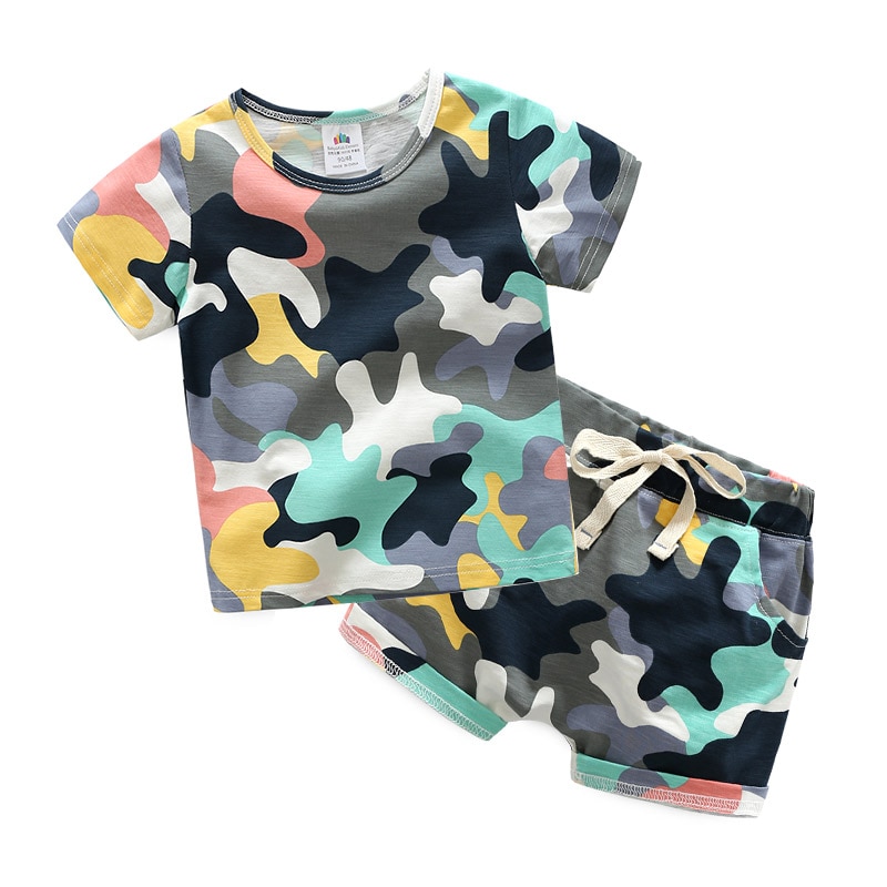 Zomer 2-10 Jaar Oud Verjaardag Knappe Kleding Korte Mouw Baby Kids Jongen Legergroen Camouflage T-Shirt shorts Set