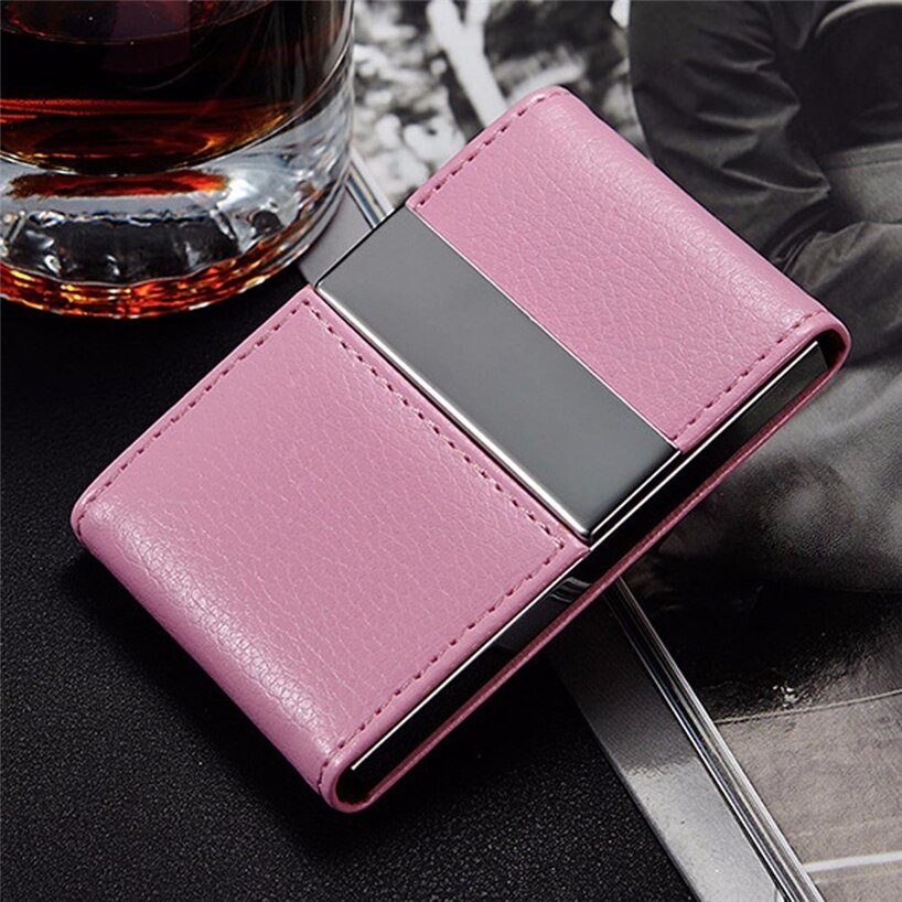 Aelicy Women Pink PU Leather Metal Double Open Credit Card Cover Package Box Business Card ID Name Card Holder Case Card Wallet0