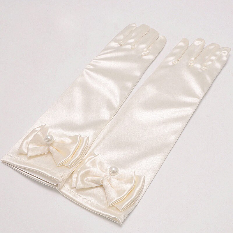 Girl Opera Party Bow Long Gloves Performance Dance Dress Gloves Stretch Satin Summer Sun Protection Gloves Party Accessories: Beige