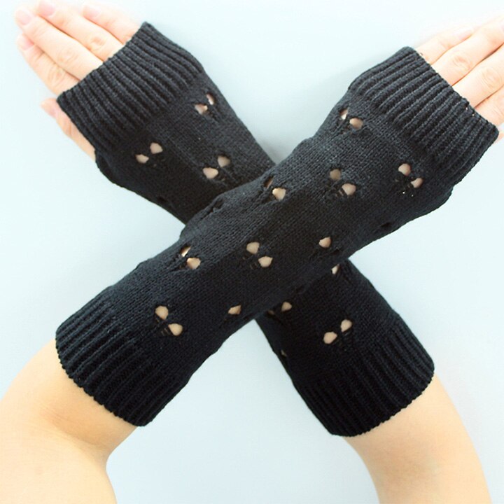 Yoziron høreformede kvinder armopvarmere vinterstrik lange ærmer handsker til kvinder piger elsker form fingerløse handsker: Sort