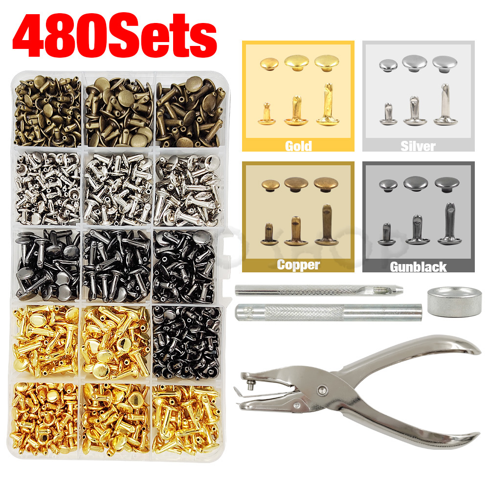 Metal Double Cap Rivets Stud Round Nail Spike With Tool Kits For Leathercraft Repair Shoes Bag Belt Clothing Garment Accessories: Copper
