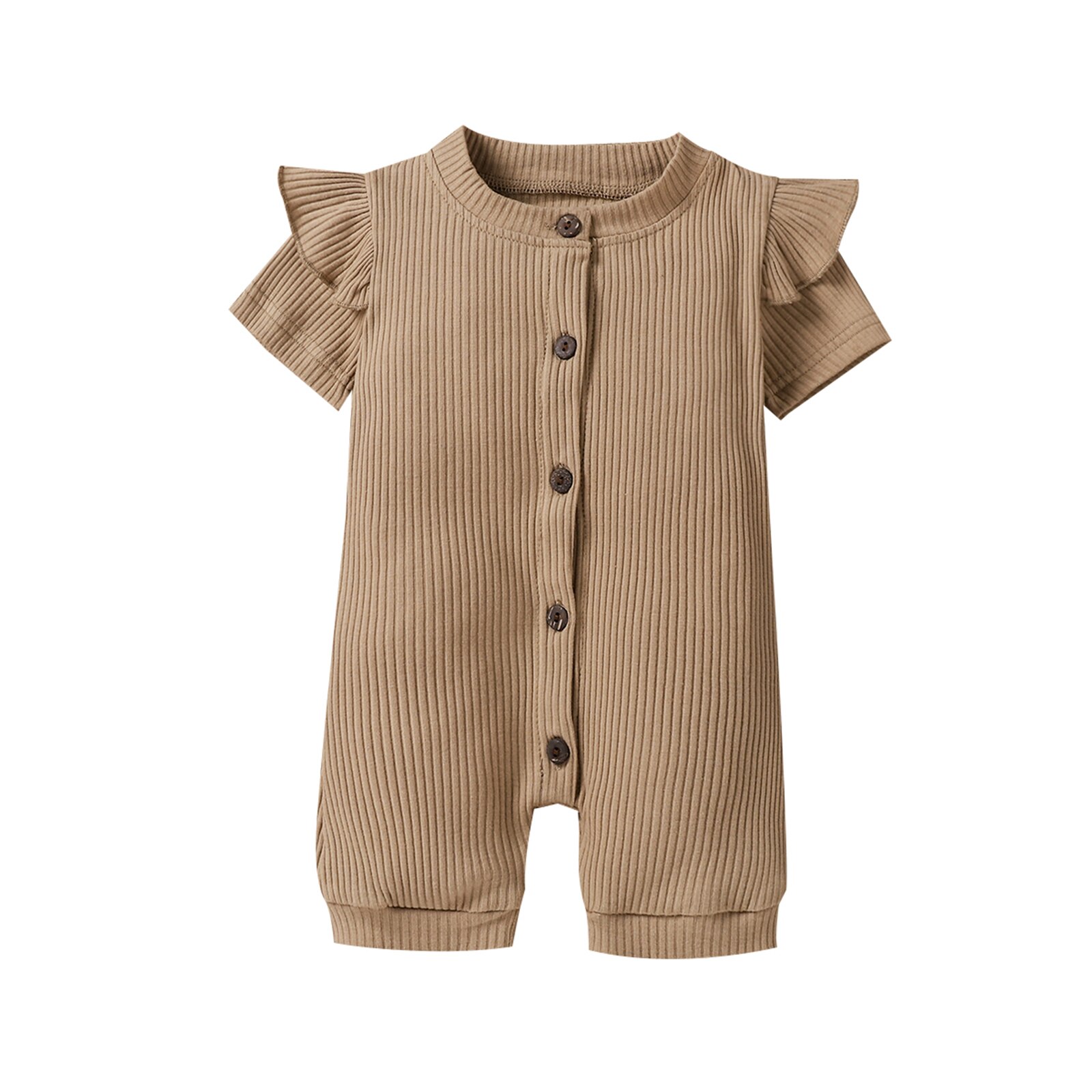 Combinaisons d'été pour tout-petits, barboteuses côtelées à manches courtes et col rond de couleur unie pour bébés filles de 0 à 18 mois: Kaki / 6M