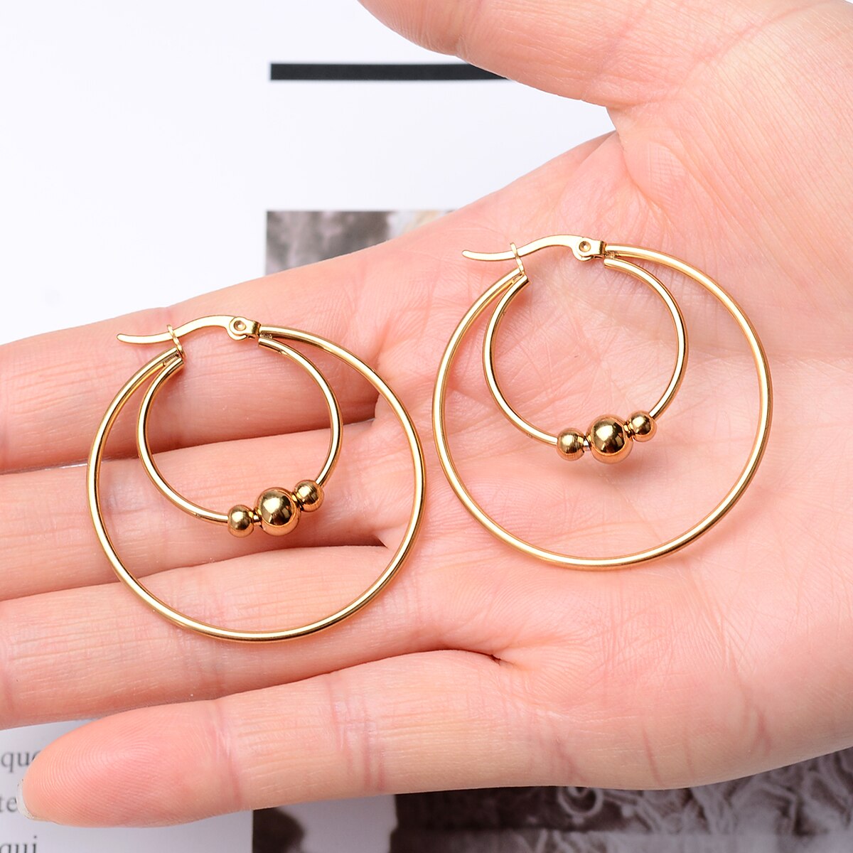 316l Stainless Steel Earrings Hoops With Ball Earing Double Layer Different Circle Round Gold Big Large Thick Hoop Earring