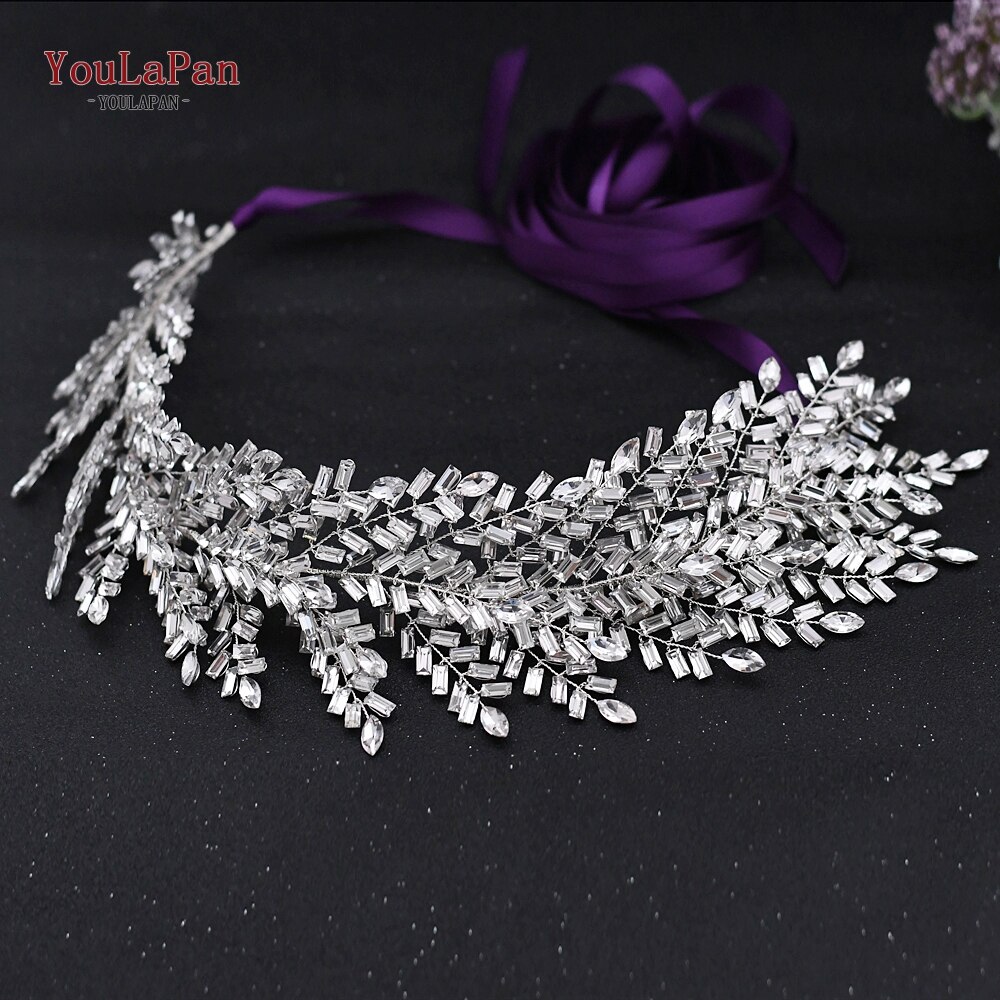 YouLaPan SH312 Silver Diamond Wedding Belt Wedding Dress Belts with Rhinestones Belt Dress Sash Belt Bride Belt Jeweled Belt: Purple ribbon