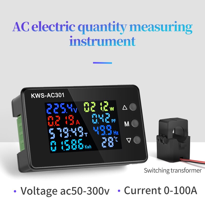 Voltímetro Digital de KWS-AC301, medidor de potencia eléctrica, vatímetro, analizadores de energía CA 50-300V, Detector de voltaje 0-100A 50-60HZ: 100A Open-Close