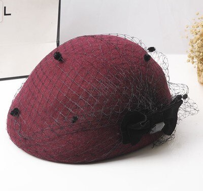 Dames fedora's wollen hoed dames engeland strik pet dames kanten stewardess petten dames baret wollen pet studenten vrijetijdshoeden b -8950: Rode wijn