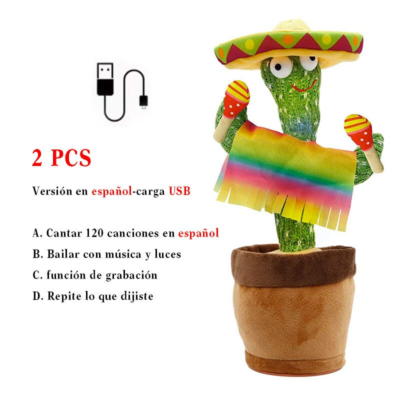 cactus dansant usb Rechargeable avec son en espagnol pour bébés, jouet Parlant russe: M Spanish USB 2PCS