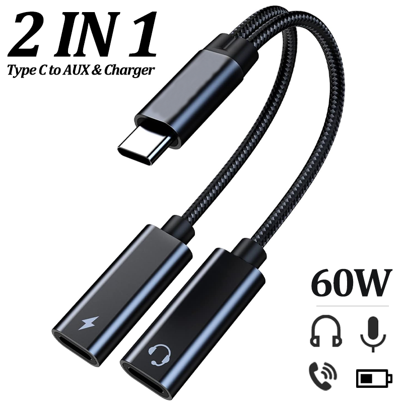 2 in 1 otg hörlursuttag usb typ c-splitter till dubbel usb c-hörlursadapter 60w laddare för iphone 15 samsung huawei xiaomi