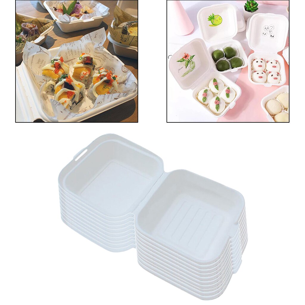 Compostable 6x6 Clamshell Food Containers Disposable Boxes Microwaveable: White 10pcs