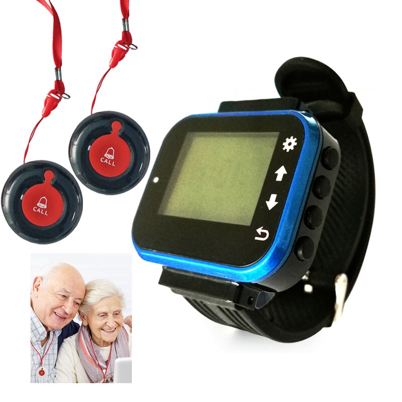 Caregiver Pager Restaurant Service Call Button Calling System 433MHZ Watch Pager for Cafe/Hospital Elder Emergency Alert Call: 1 watch and 2 button
