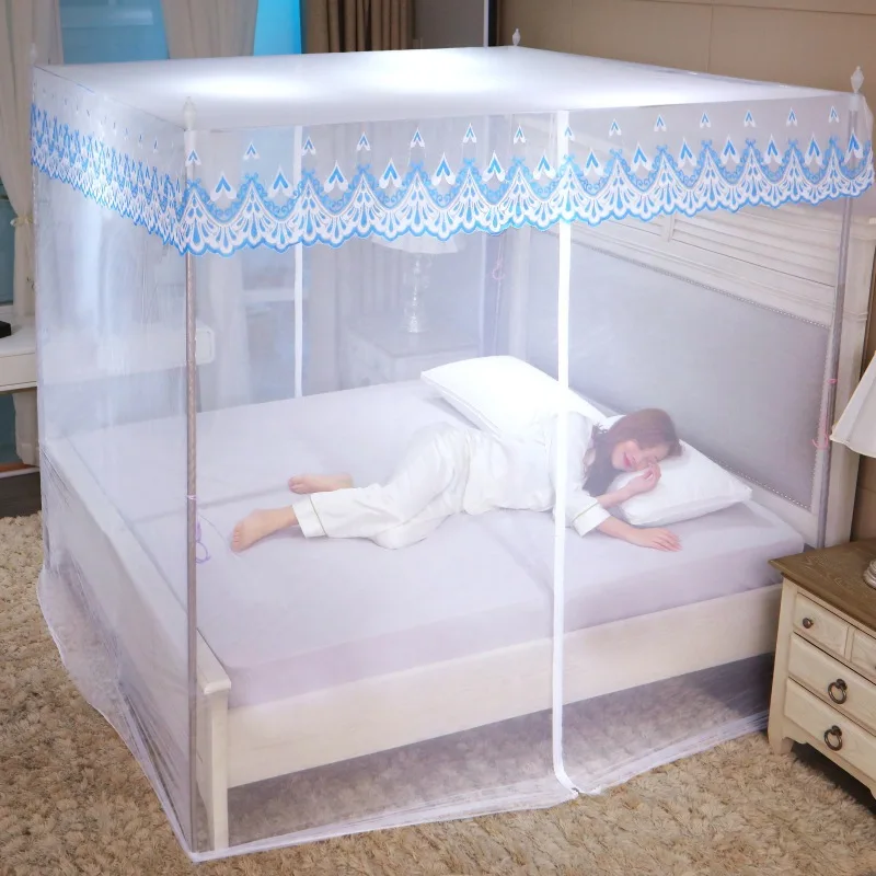 Plasă de țânțari cu fermoar și dantelă, cu suport din oțel inoxidabil, plasă romantică pentru pat queen-size, cort anti-țânțari pentru pat dublu individual: Regină / Negru