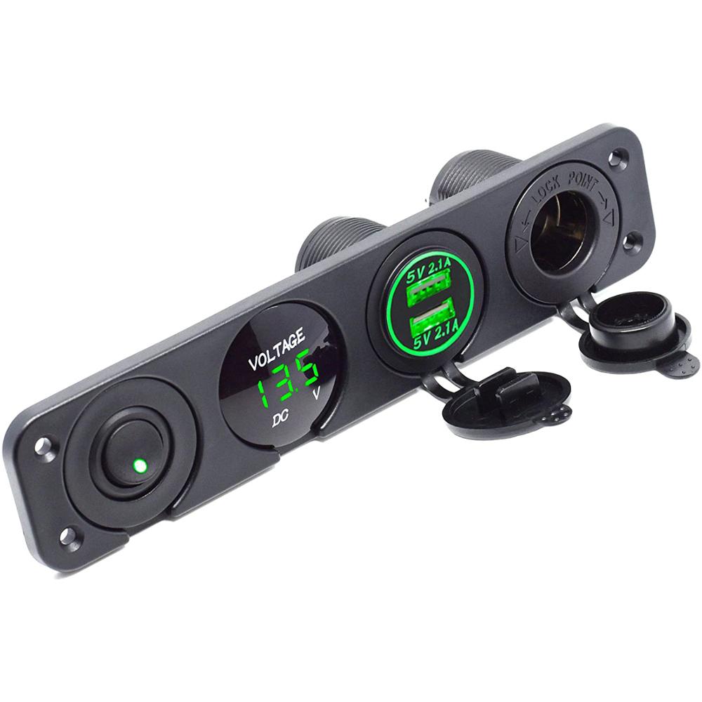 Dual Usb Socket Charger 2.1A & 2.1A + Led Voltmeter + 12V Stopcontact + On-Off Toggle schakelaar Vier Functies Panel Voor Auto Boot: LED GREEN