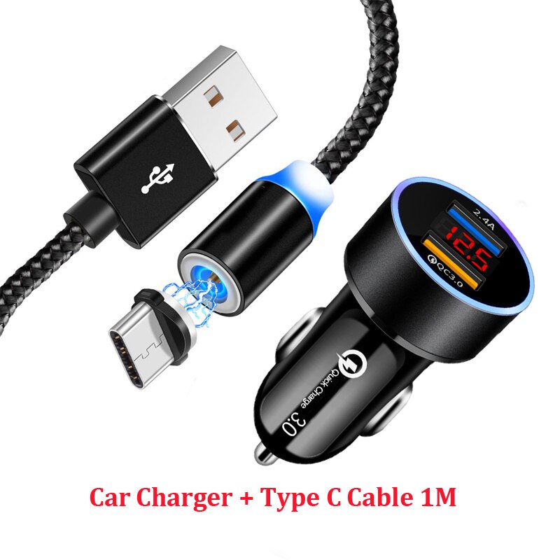 QC 3.0 Dual USB Quick Car Charger Magnetic Type C Cable For Samsung A50 A30 A21 A41 S8 S9 S10 Sony Xperia 10 XA1 Plus XA2 XZ3 L3: A Set of Black