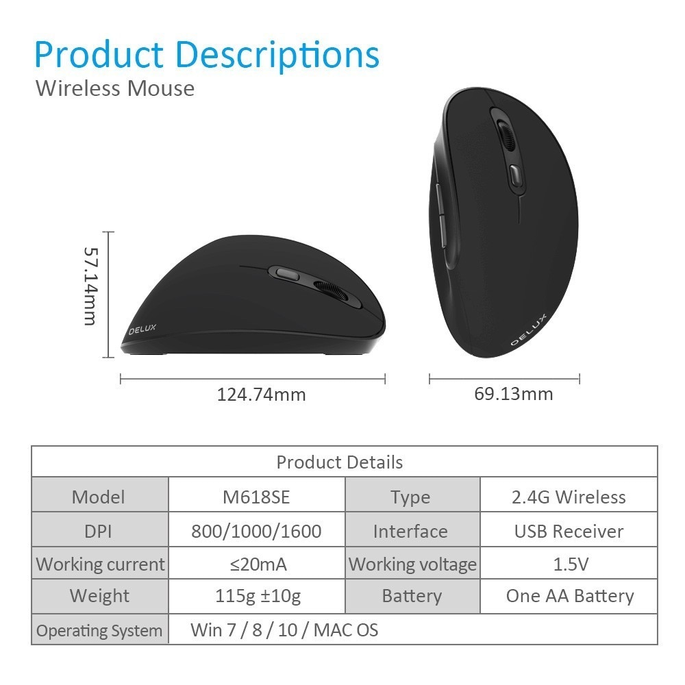 Delux M618SE 2.4G Wireless Mouse 6 Buttons 1600 DPI Ergonomic Vertical Optical Office Computer Mice Wireless For PC Laptop