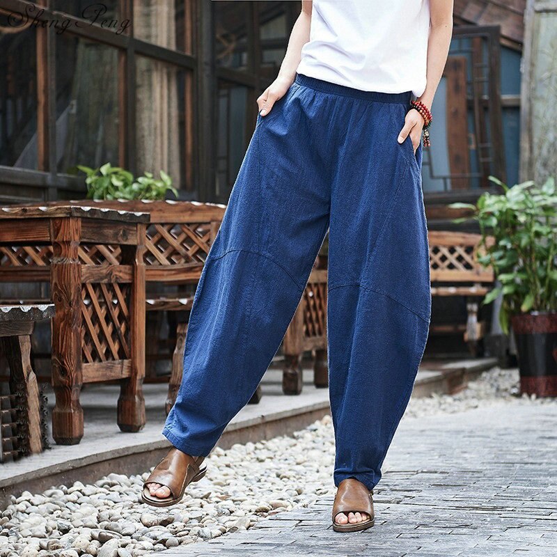 Pantalones Vintage de pierna ancha para mujer, pantalón holgado de lino y algodón, con cintura elástica, color sólido, Q802,
