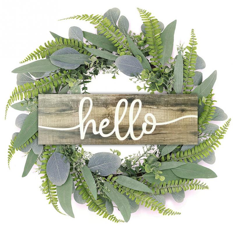 Wooden Hello Sign Rustic Farmhouse Porch Front Home Wedding Wooden Sign Door Hanging Flower Wreath Decoration Accessories