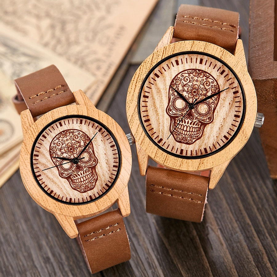 Imitatie houten horloge mannen vrouwen imitatie houten polshorloge zachte leren band mannen kwarts paar pols klok schedel bidsprinkhaan paard uur